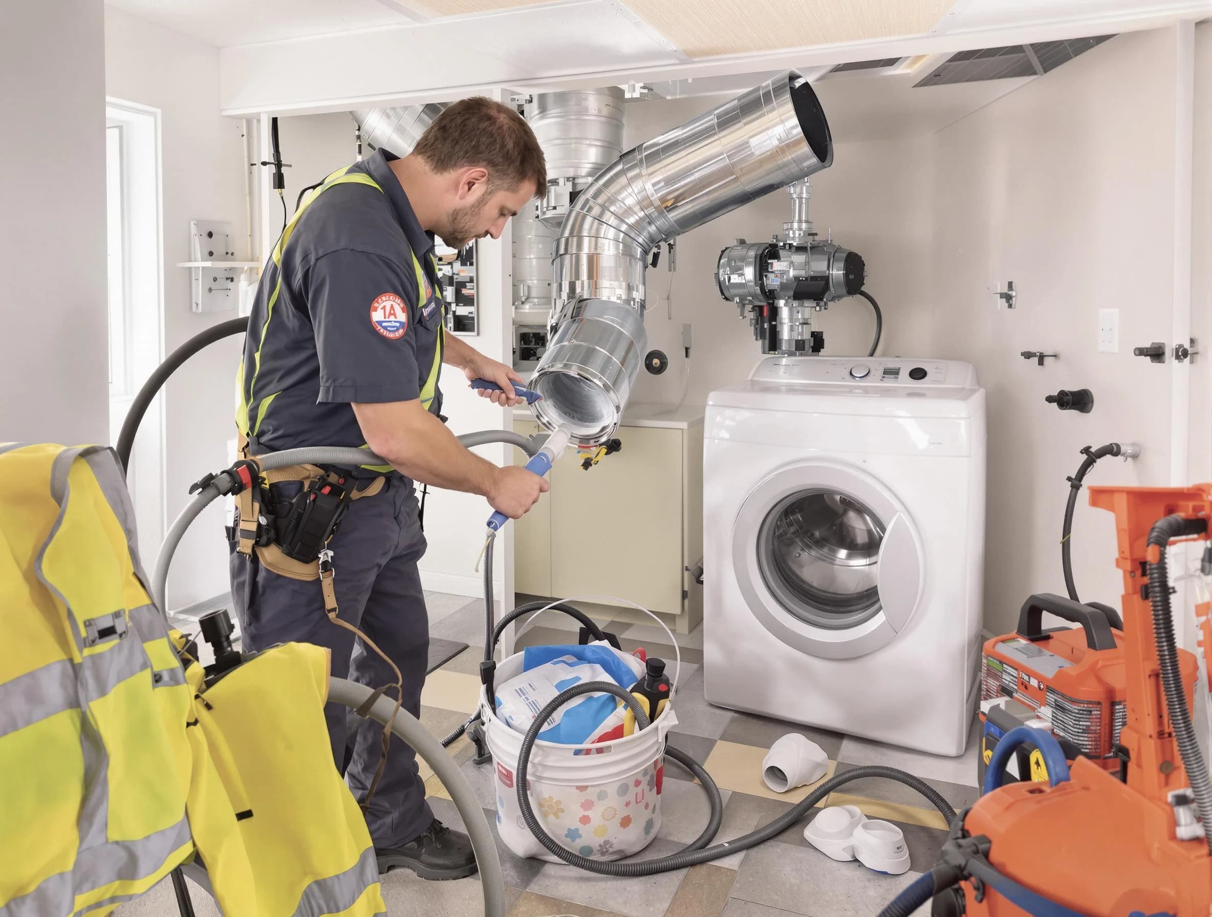 Moreno Valley Dryer Vent Cleaning technician using specialized equipment to clear severe dryer vent blockage in Moreno Valley